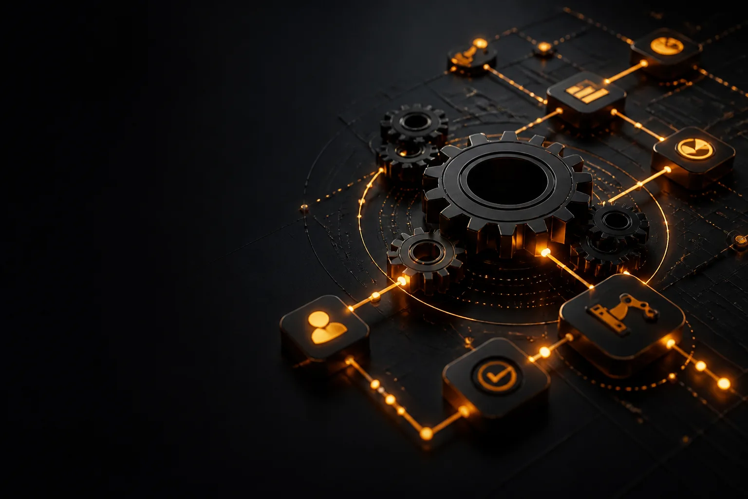 7 Ways Businesses Can Use AI Automation Dark operations studio with amber workflow nodes and abstract automation flows