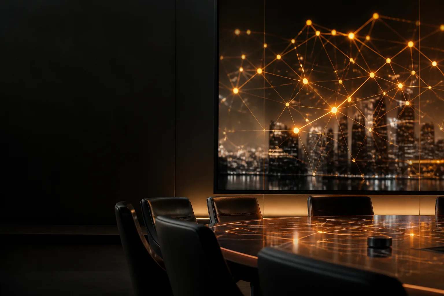 How AI Can Transform Modern Businesses Dark boardroom monitor showing an amber neural network over a city skyline