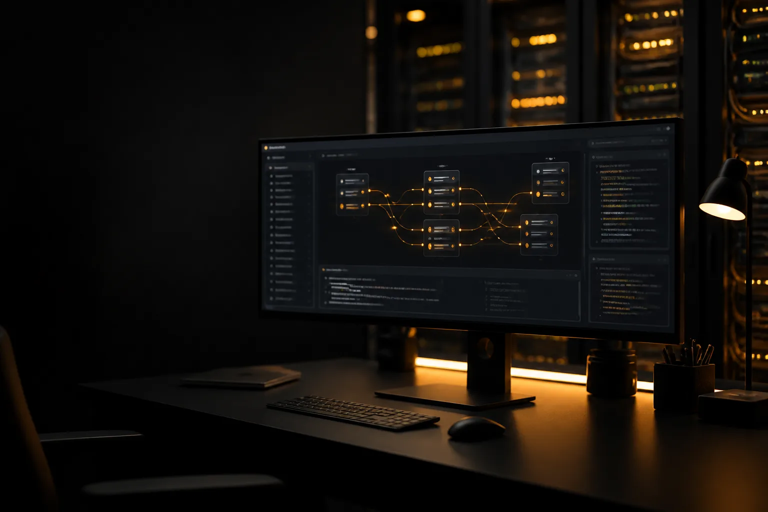 APIs Built for Real Products Dark API dashboard with amber connection lines between server nodes
