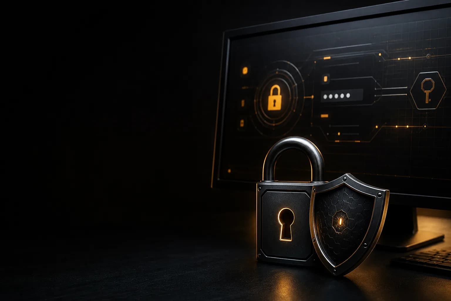 Auth and Backend Security Dark security operations desk with amber status lights and authentication hardware