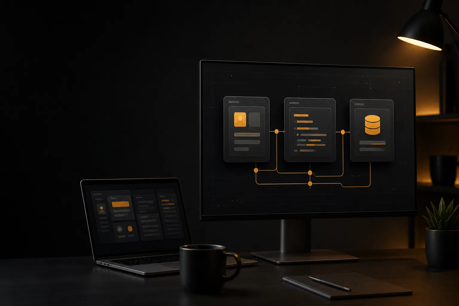 How to Choose the Right Technology Stack for Your Project Layered technology stack cards on a dark monitor connected by amber lines