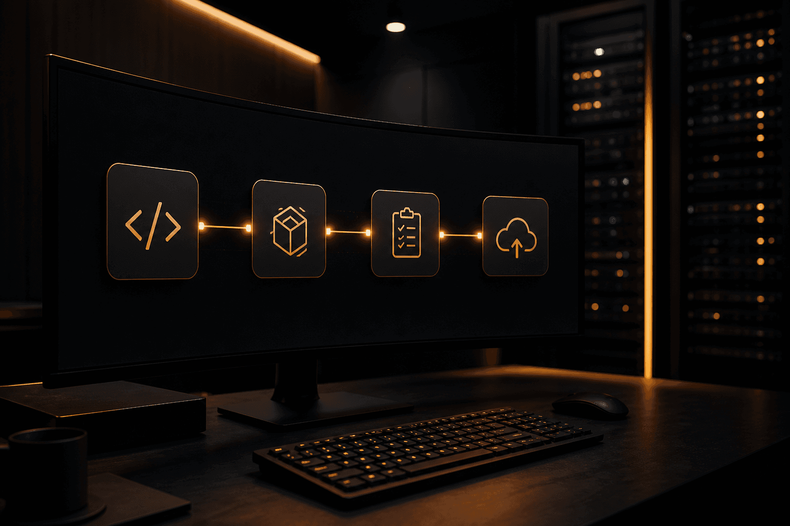 CI/CD Explained: How Modern Applications Are Deployed Dark operations room with a widescreen CI/CD pipeline of charcoal stages linked by amber lines