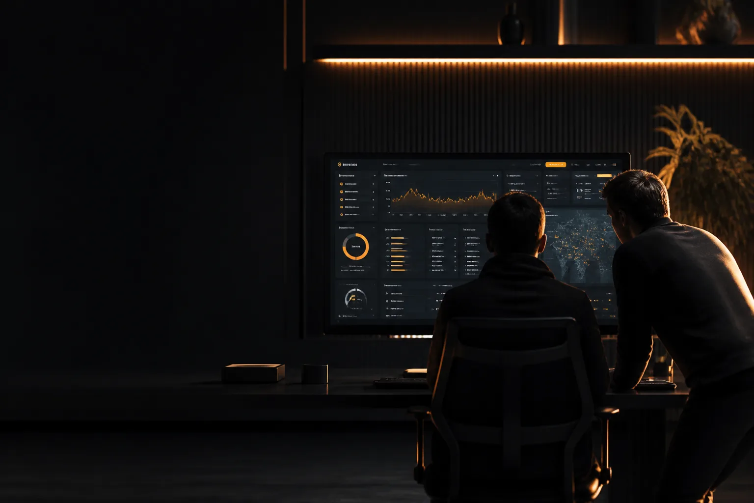 Custom Software Development: Is It Right for Your Business? Team reviewing a custom product dashboard on a widescreen in a dark software studio