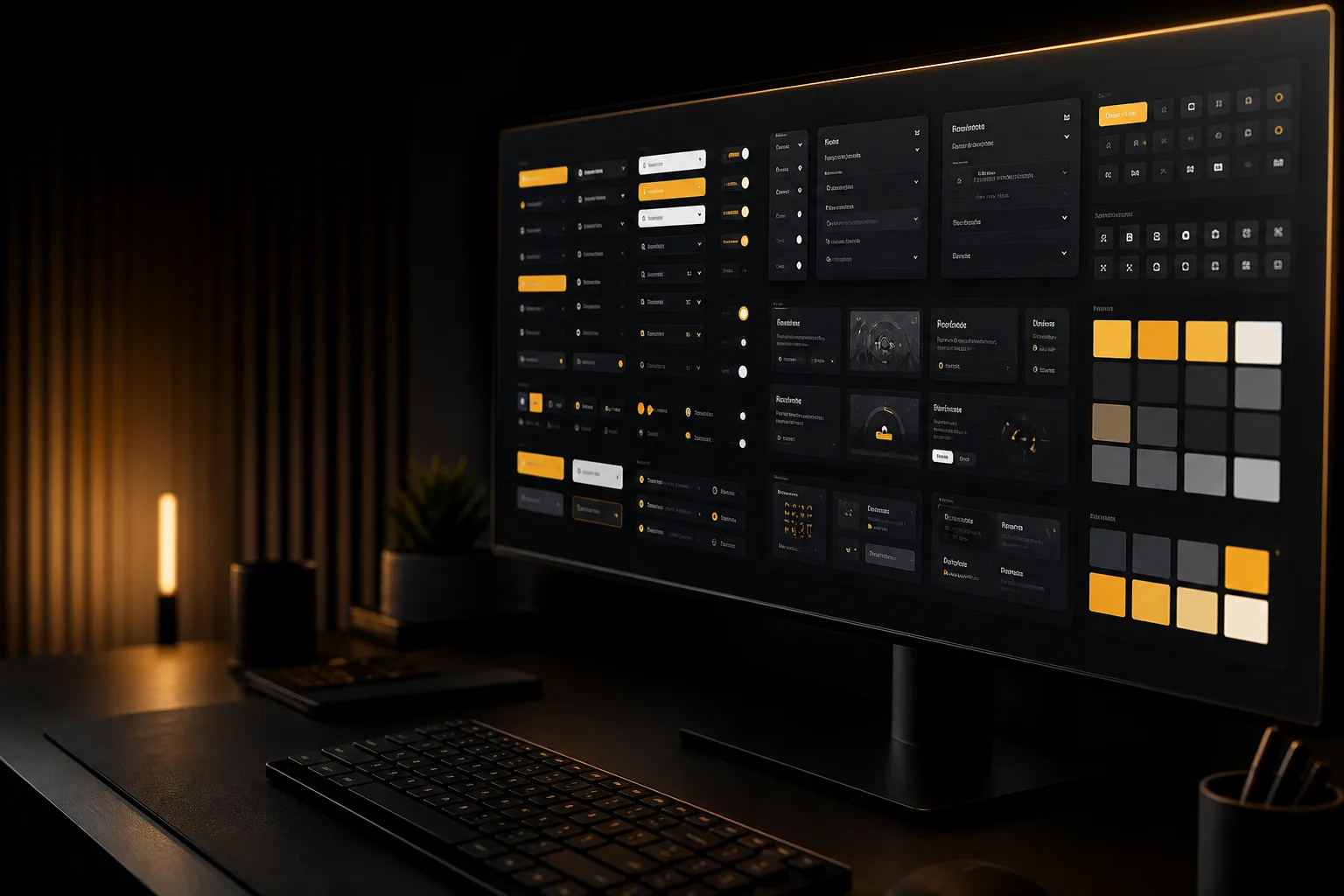Design Systems That Scale Dark design-system board with UI components and amber color tokens