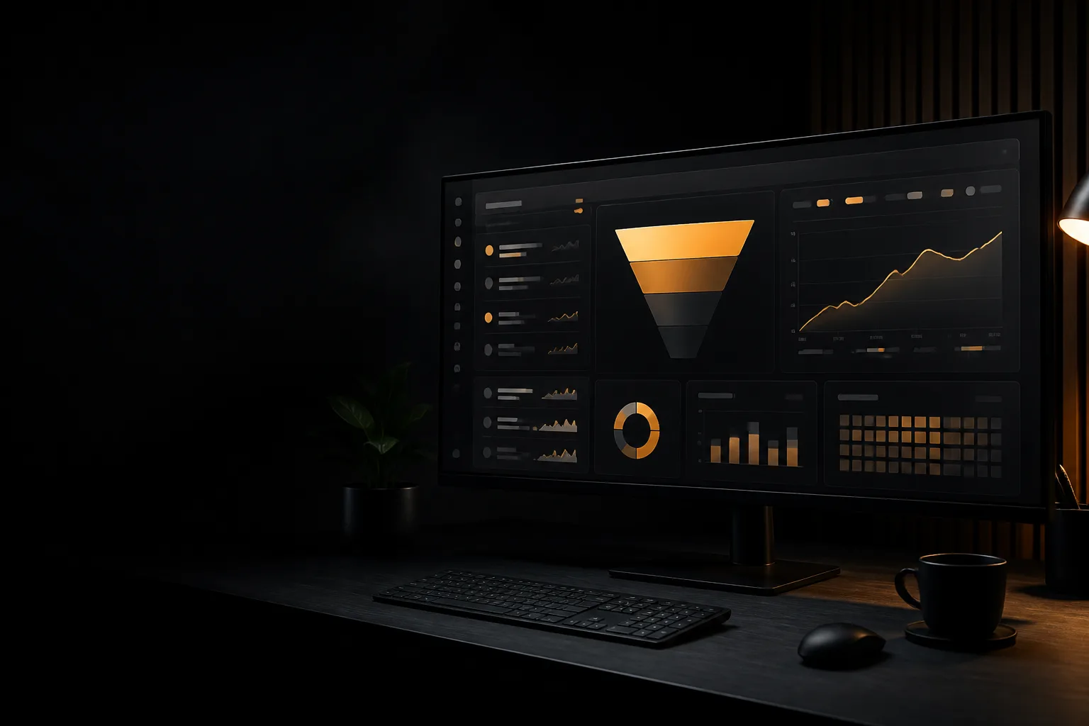 Digital Marketing That Converts Dark campaign analytics monitor with amber conversion funnels and charcoal UI
