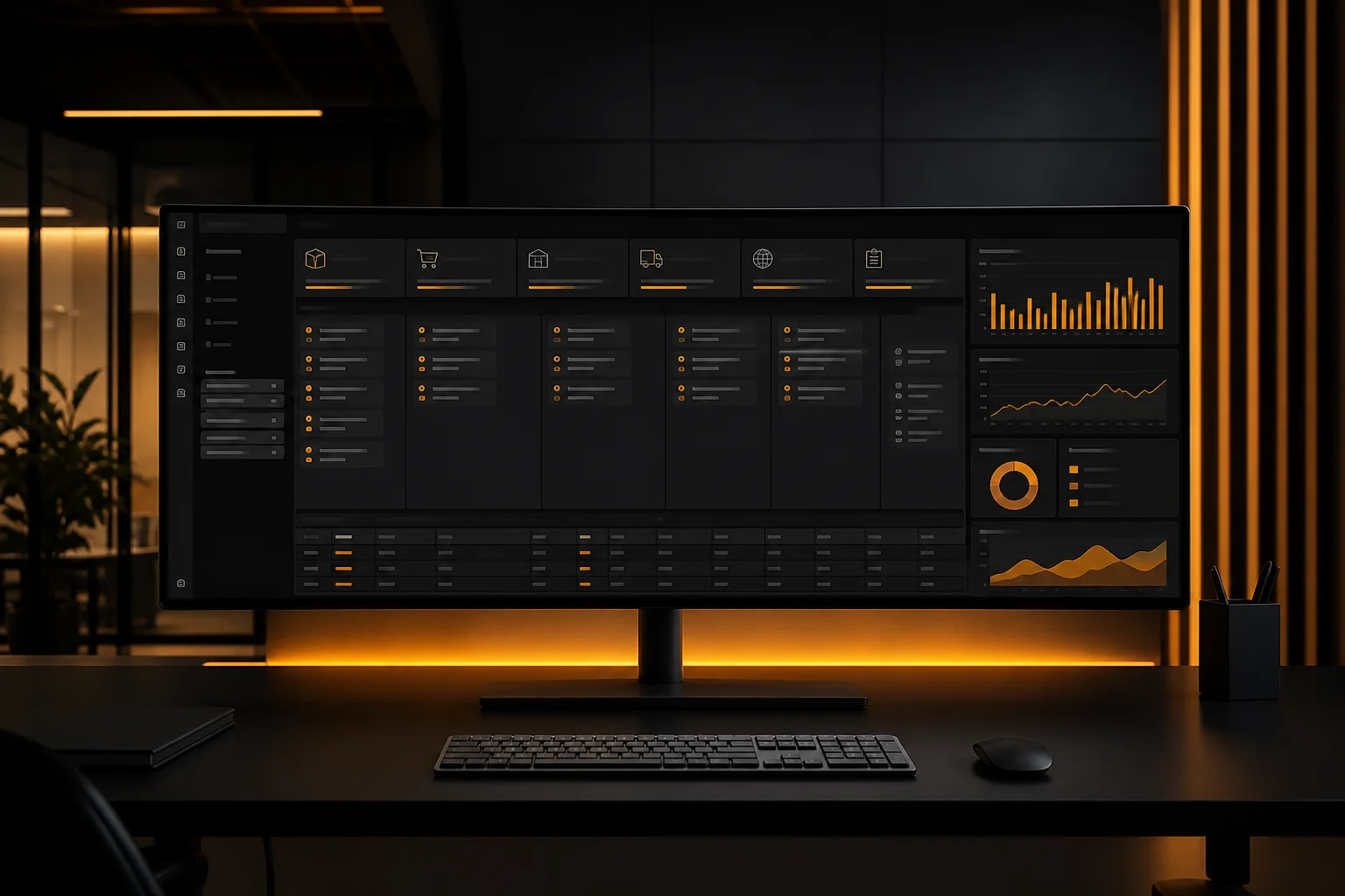 Our Portfolio | Doris Infotech Enterprise operations dashboard on a wide monitor, representing Doris Infotech ERP systems