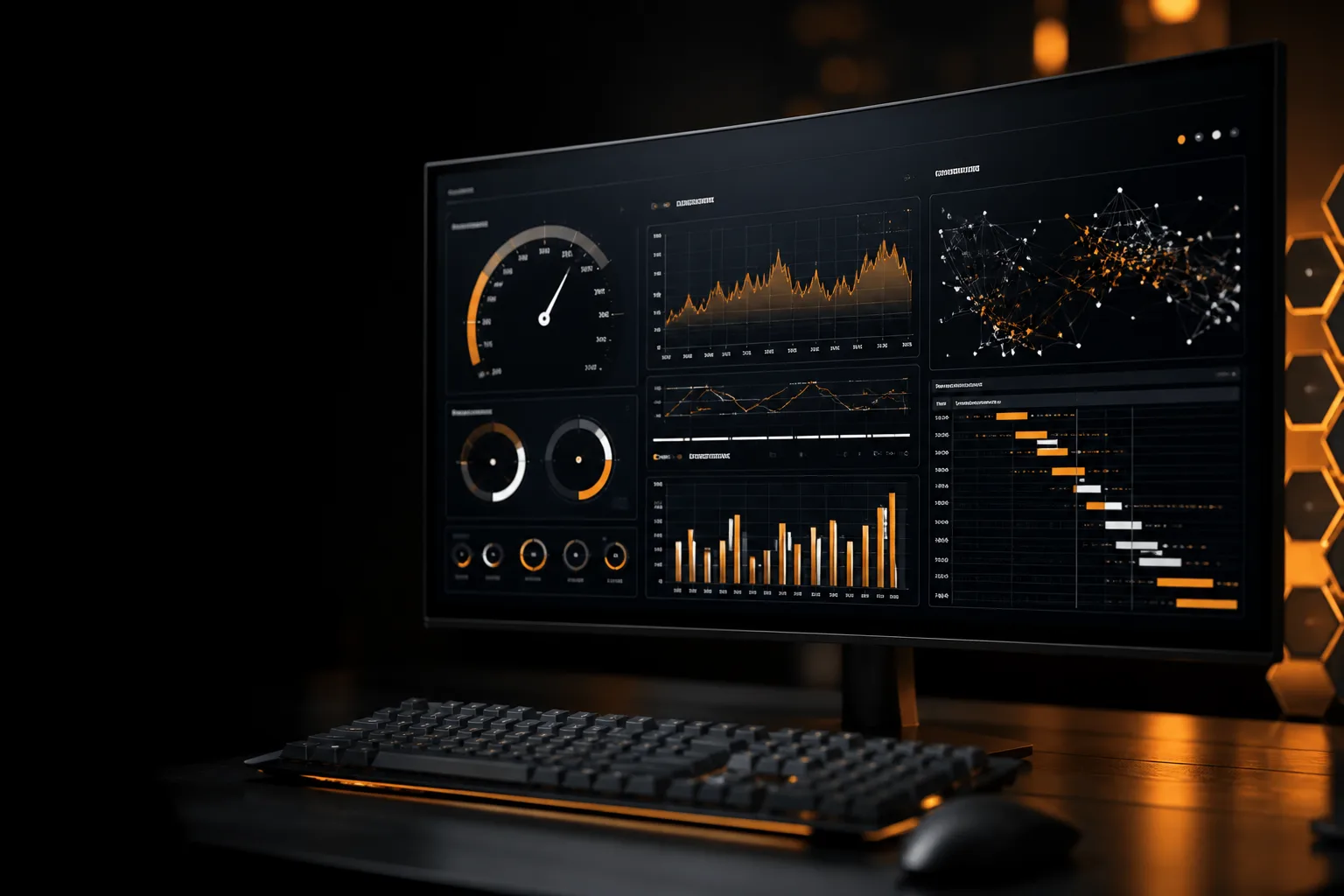 Frontend Performance Users Feel Dark performance dashboard with speed charts on a widescreen monitor