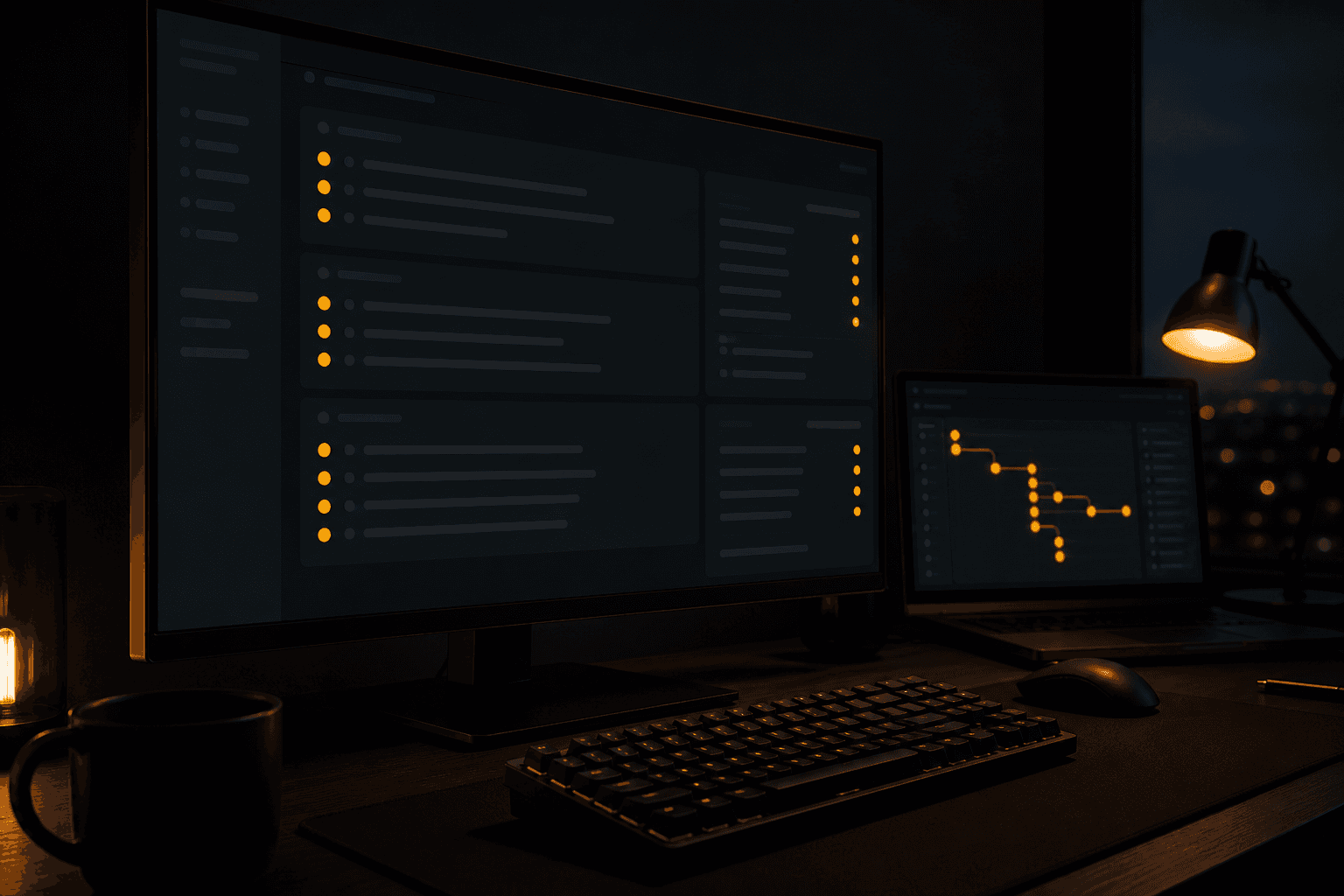 GitHub Actions for Automated Application Deployment Dark developer desk with a widescreen workflow dashboard and amber status lights