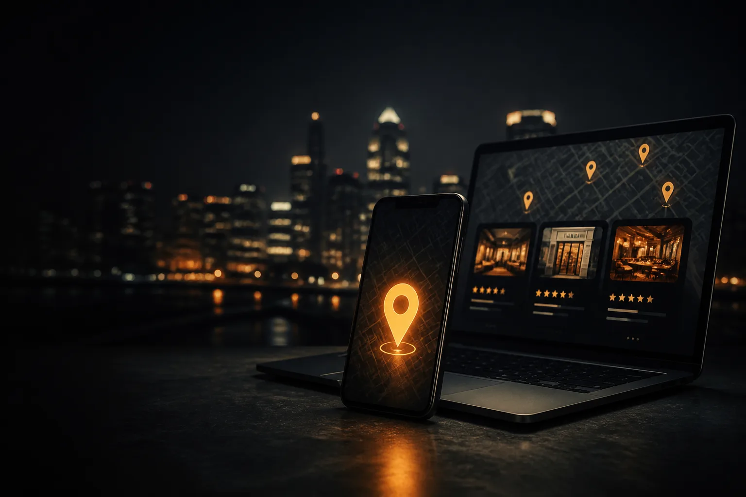 Local SEO: Get Found by Customers Near You Amber map pin over a dark city with a laptop showing an abstract local search grid