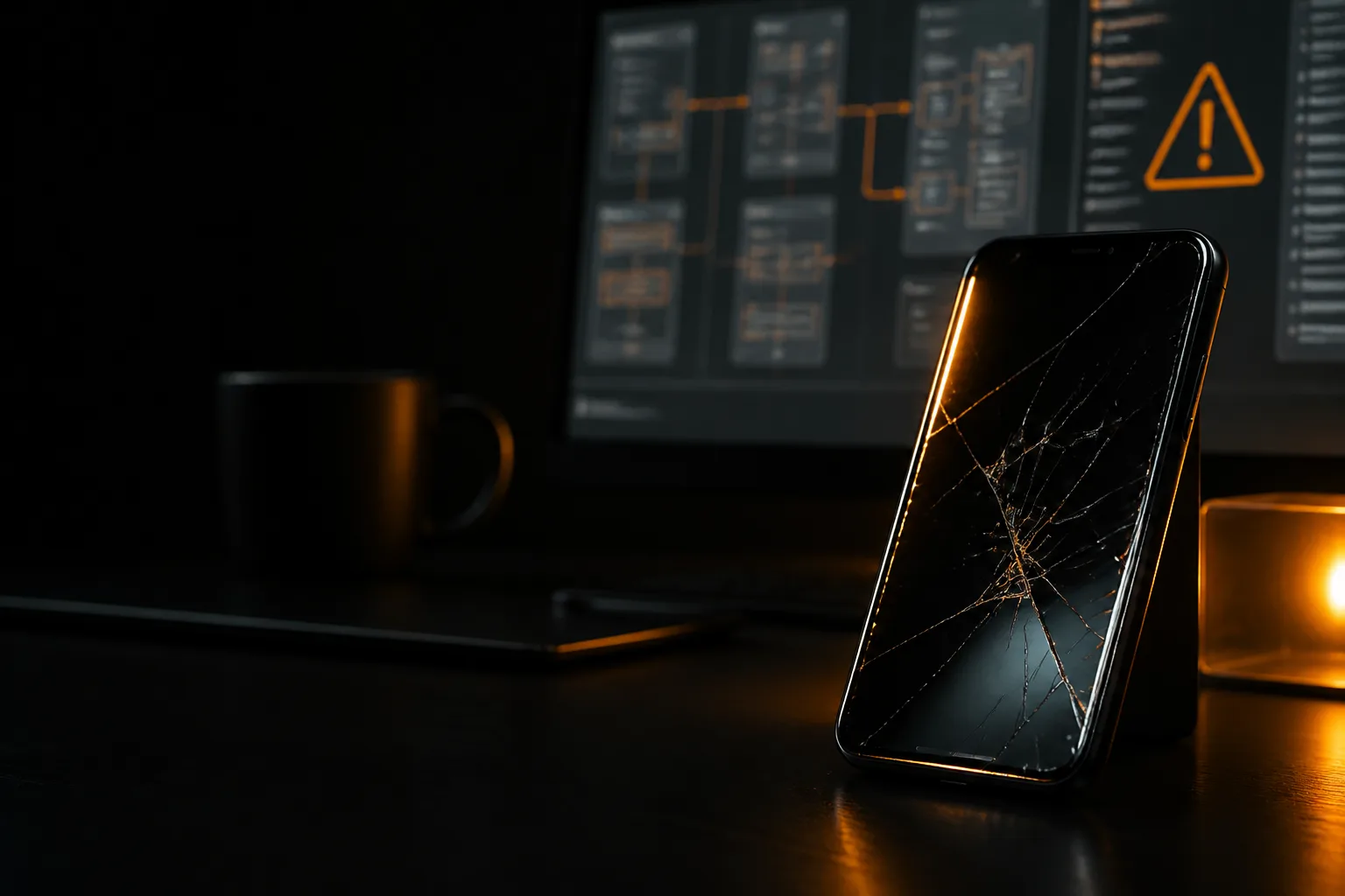 7 Common Mobile App Development Mistakes to Avoid Smartphone on a dark desk with amber warning glow and blurred broken app wireframes