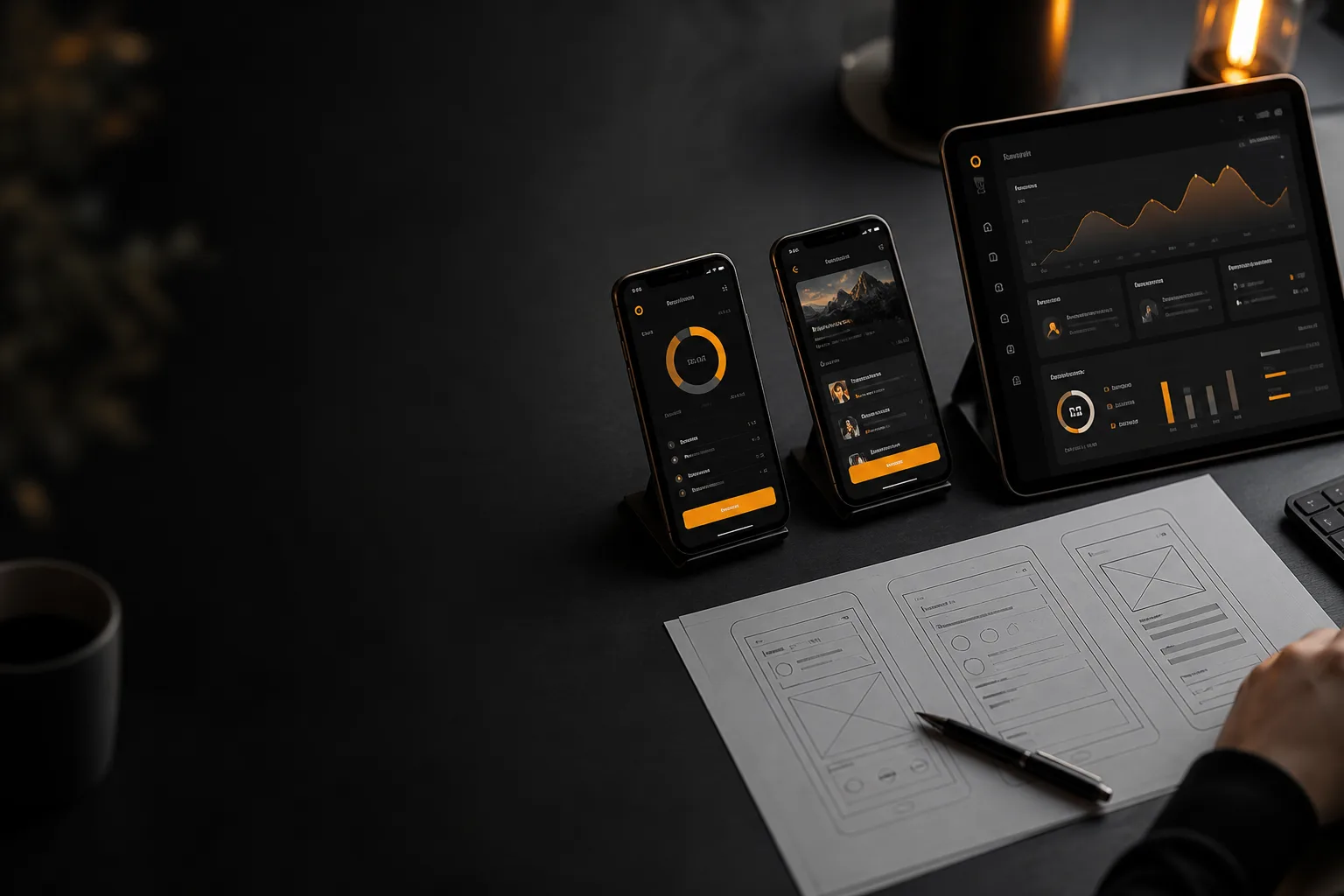 Mobile-First UI/UX Mobile devices showing dark-mode app screens on a designer desk