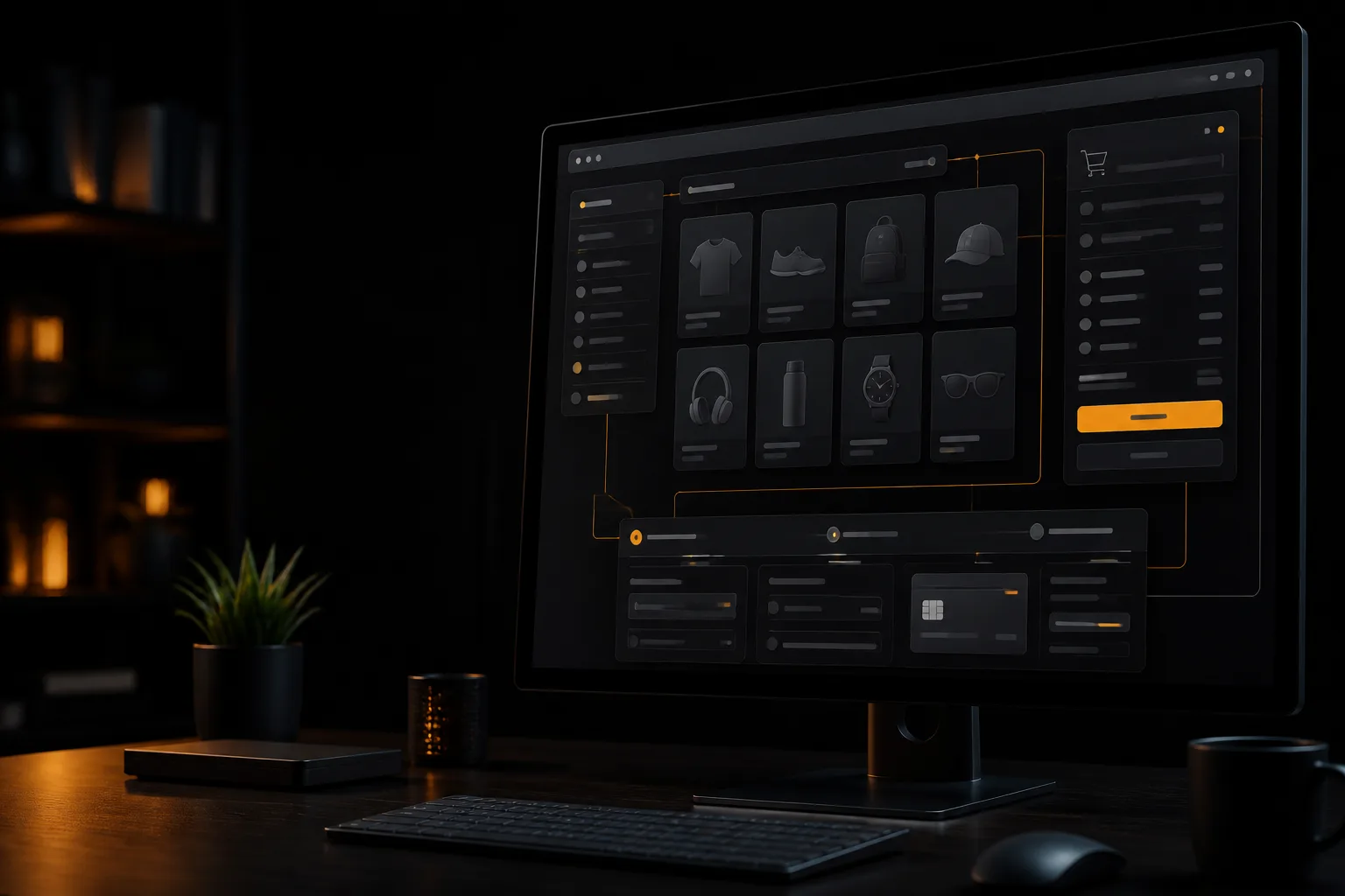 10 Features Every Modern E-Commerce Website Should Have Dark monitor showing a modern store UI as charcoal modules connected by amber lines