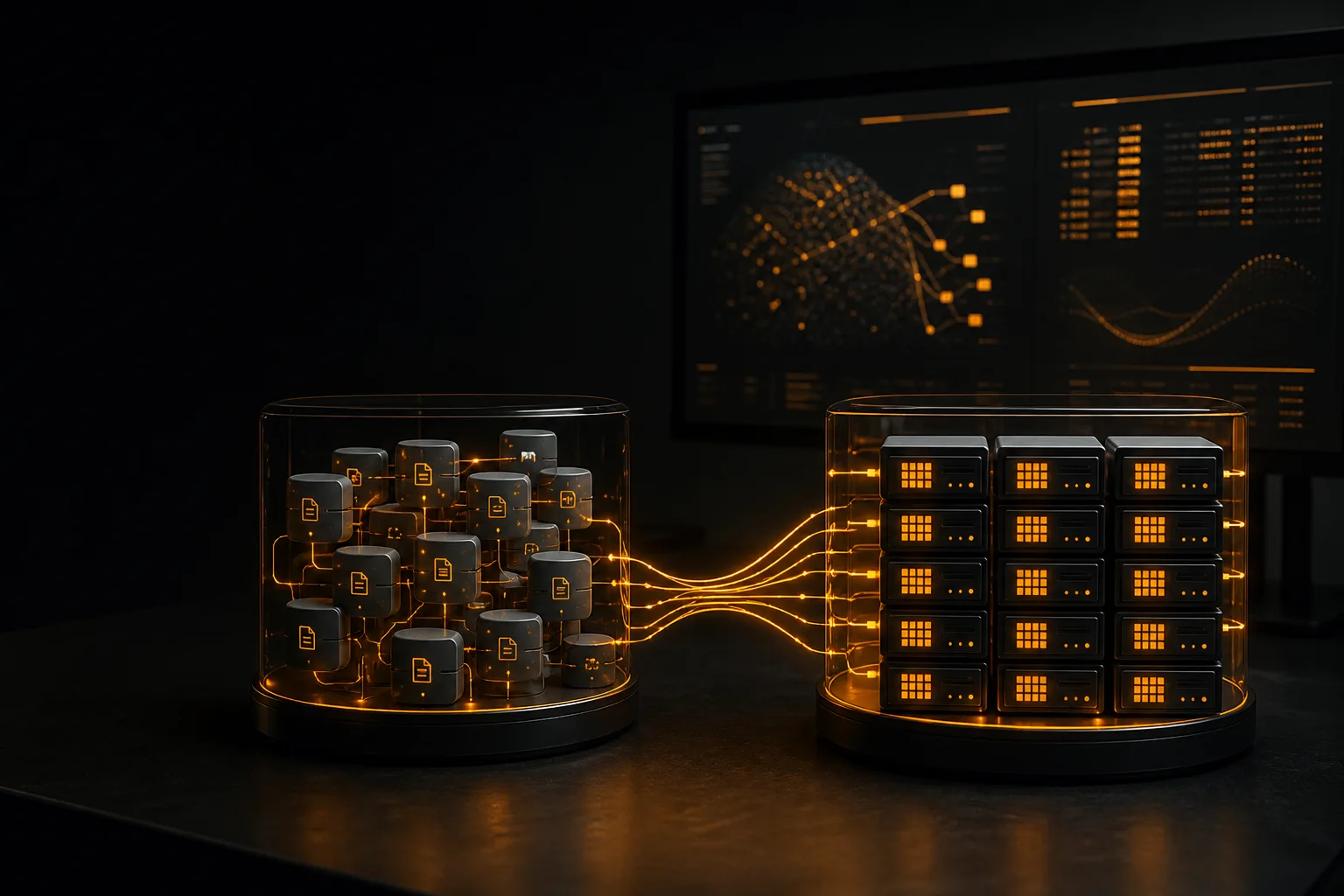 MongoDB vs PostgreSQL: Which Database Should You Choose? Two glowing data vaults compared side by side on a dark studio desk