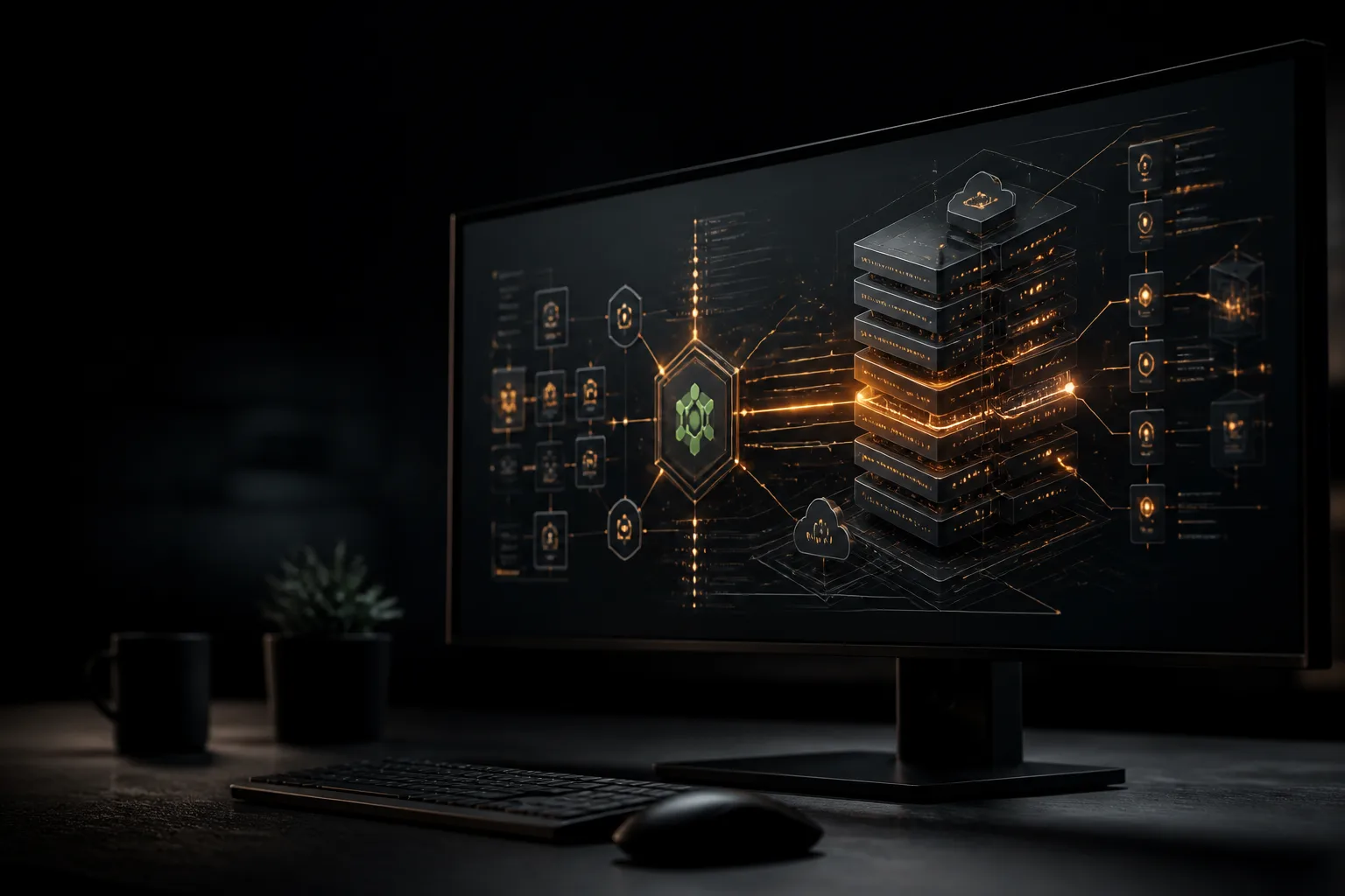 Node.js Backends That Scale Dark monitor showing layered Node.js backend architecture with amber data flow