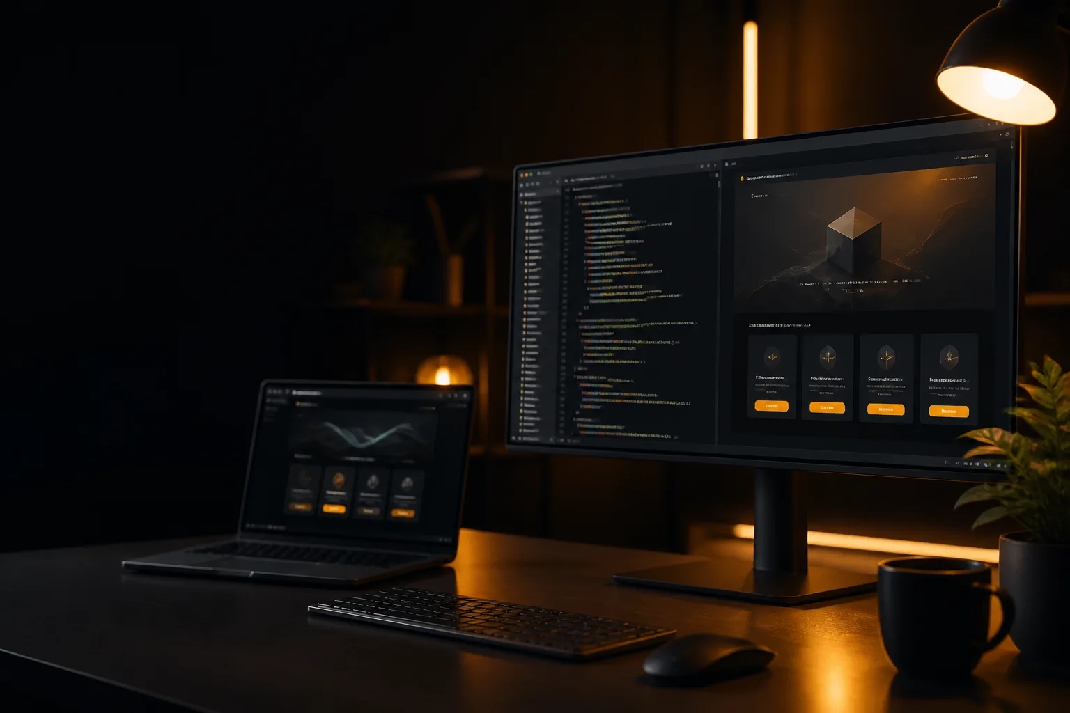 React and Next.js Frontends Developer workspace with a React and Next.js app preview on a dark monitor