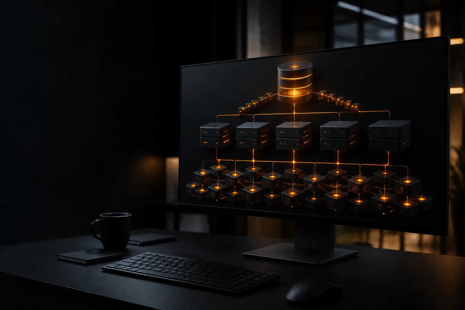 How to Design a Scalable Database for Your Application Dark monitor showing a layered scalable database architecture with amber data flow