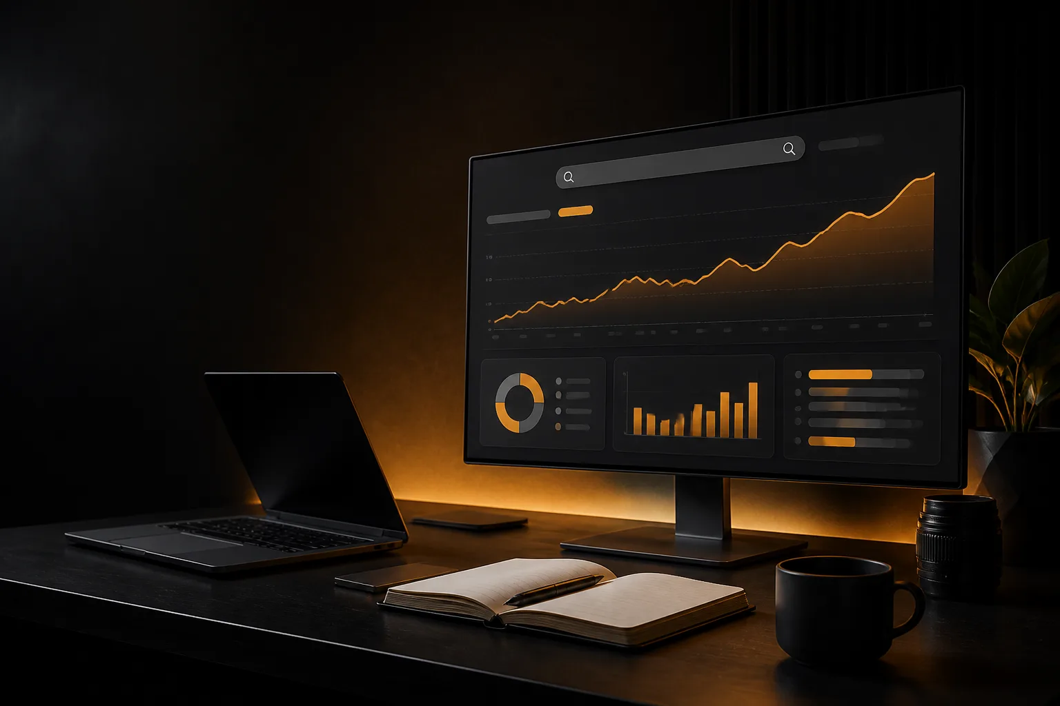 SEO for Business Websites: How to Get Found Dark SEO workspace with a charcoal ranking dashboard and amber trend lines