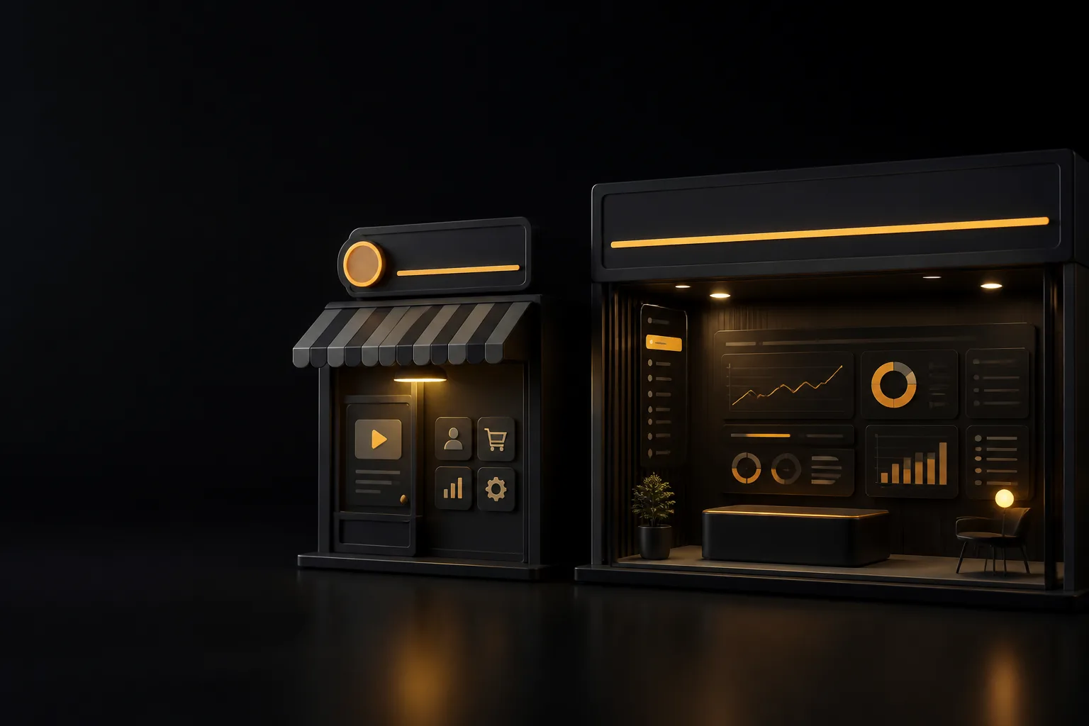 Shopify vs Custom E-Commerce: Which Is Right for Your Business? Two charcoal storefronts side by side on a dark desk, packaged platform versus custom dashboard