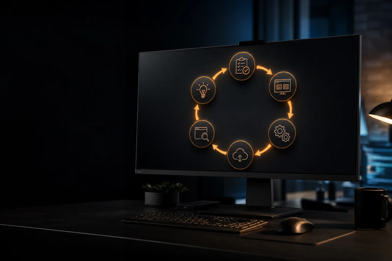 The Software Development Life Cycle Explained Dark monitor showing a circular software development life cycle with amber connecting arrows