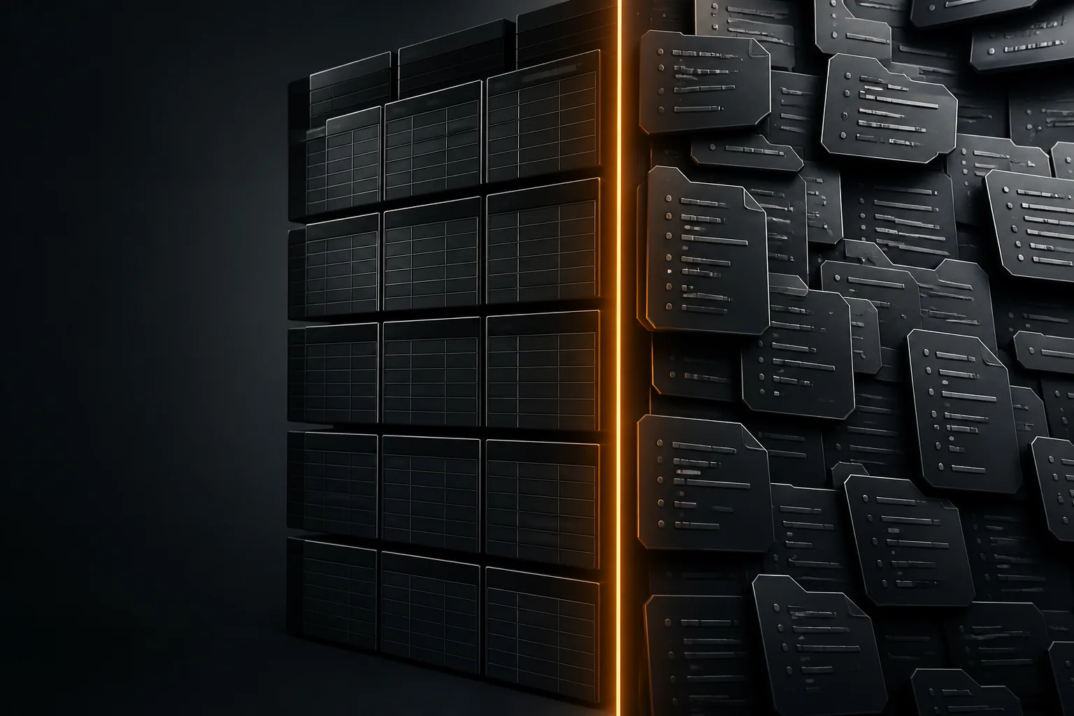 SQL vs NoSQL: Understanding the Difference Split dark composition of a structured SQL grid and flexible NoSQL document shapes