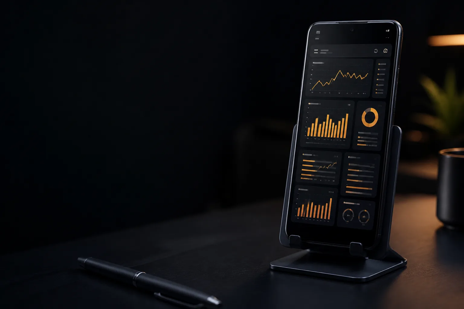How to Build a Successful Android App for Your Business Android smartphone on a dark desk showing a charcoal business dashboard with amber charts
