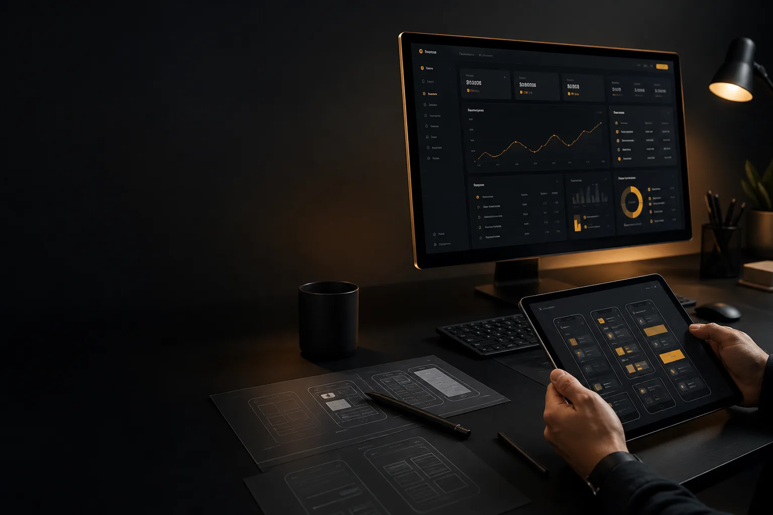 UI/UX Design That Converts Dark UI/UX workspace with product wireframes and interface mockups