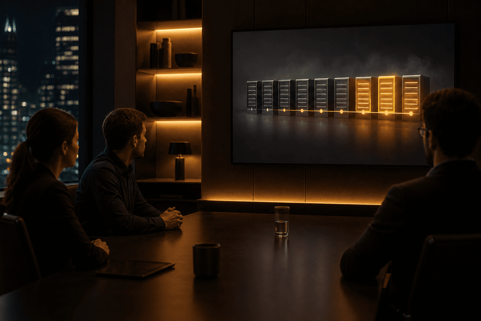 Why Automated Deployment Matters for Modern Businesses Dark conference room with a widescreen rollout of charcoal servers lighting up in amber